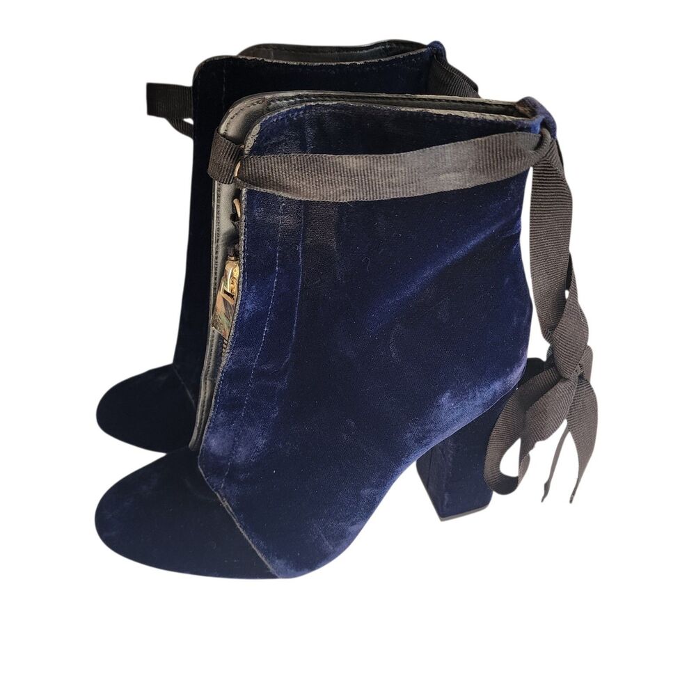Zara Blue‎ Velvet Ankle Boots Ribbon Tie Block Heel Zip Womens 37 6.5